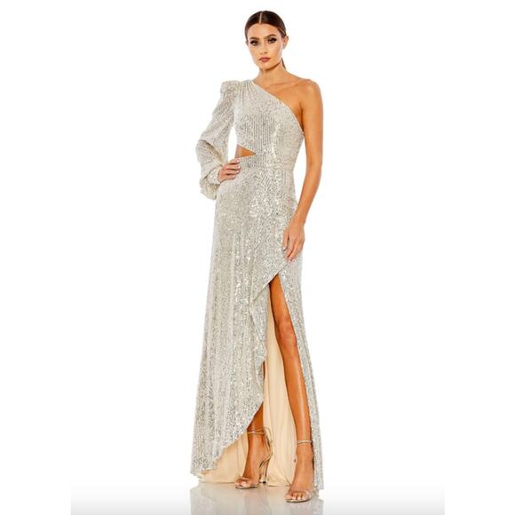 MAC DUGGAL Dress Size 8 Evening Gown Sequin Silver Cream NEW One Shoulder Puff - Picture 1 of 8